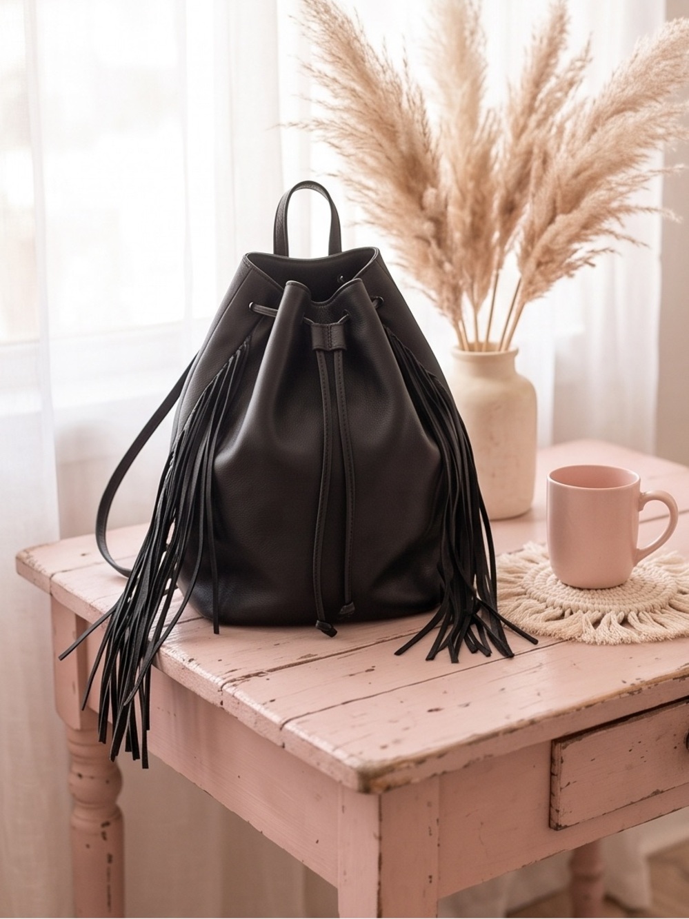 VICTORIA’S SECRET Black boho faux leather Fringe Drawstring Backpack bag - Picture 2 of 9